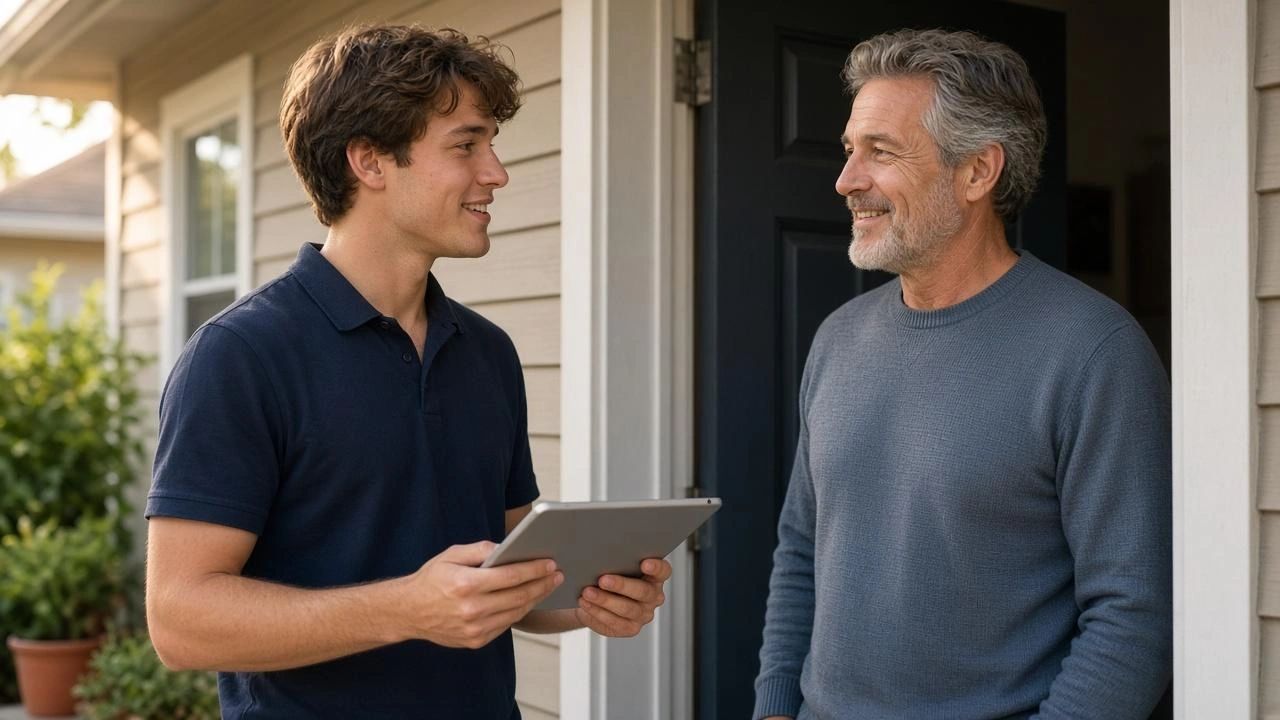 A rep holding a tablet talks with a homeowner at his front door