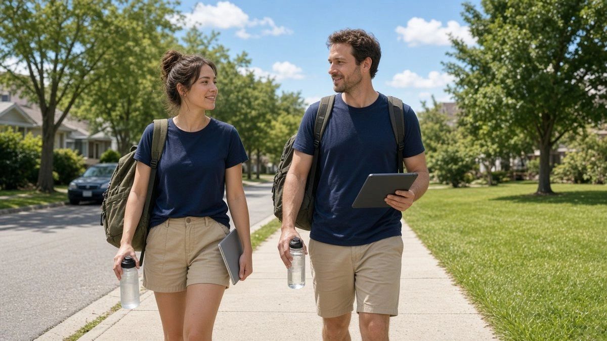 Two people in navy shirts with backpacks walking a sunny suburban sidewalk